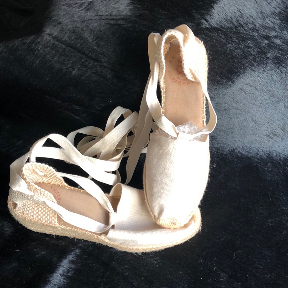 Linen lace up wedge sandal